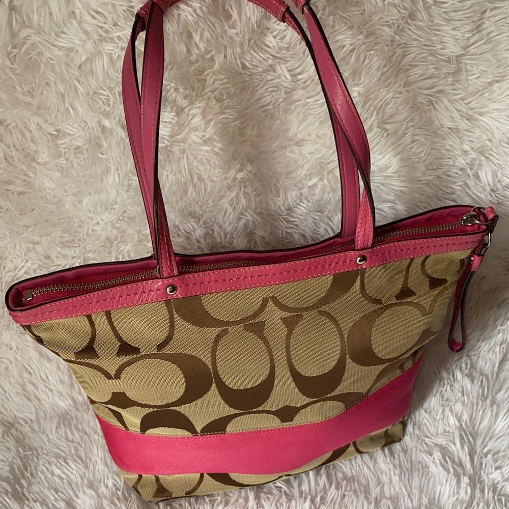 Coach Signature Stripe Tote Khaki & Pink - Picture 10 of 10